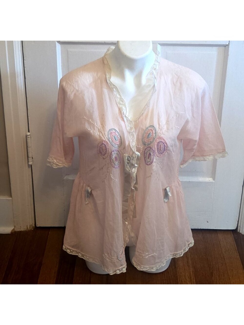 Vintage Pink Bed Jacket Sheer Embroidered Lace Trim  Ribbons Authentic Medium?